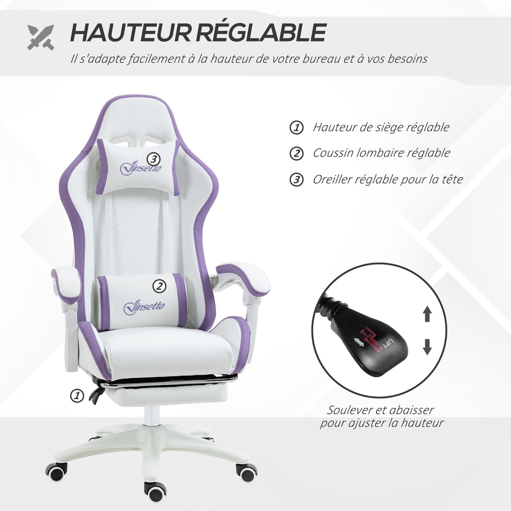Chaise gaming fauteuil gaming ergonomique avec dossier inclinable à 135° et soutien lombaire, 65 x 65 x 121-129 cm blanc-3