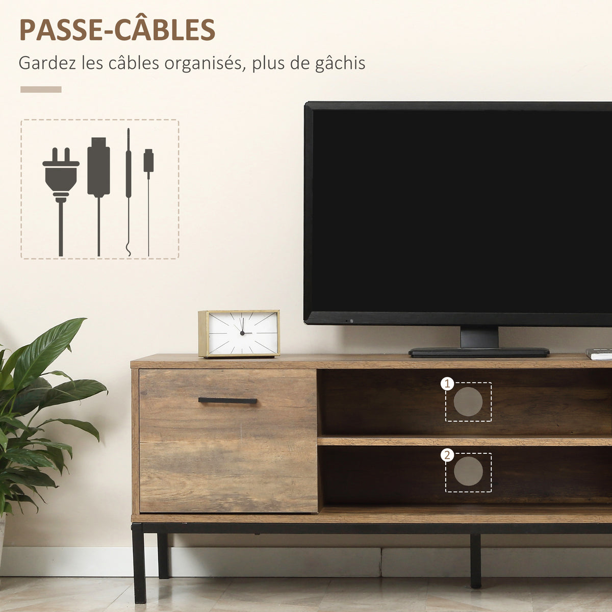 Meuble TV banc TV jusqu'à 50 pouces placard, 2 tiroirs et étagère - 2 passe-câbles - 132 x 39 x 45,5 cm marron noir-4
