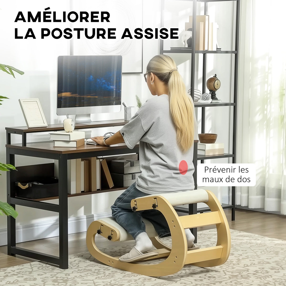 Siège assis genoux, siège ergonomique en bois avec fonction à bascule, chaise à genoux réglable pour bureau à domicile-3