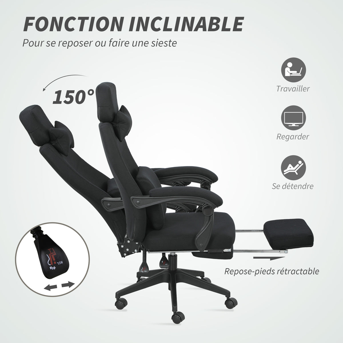Fauteuil de bureau chaise de bureau grand confort dossier réglable repose-pied roulettes 360° lin 62 x 68 x 127 cm noir-4