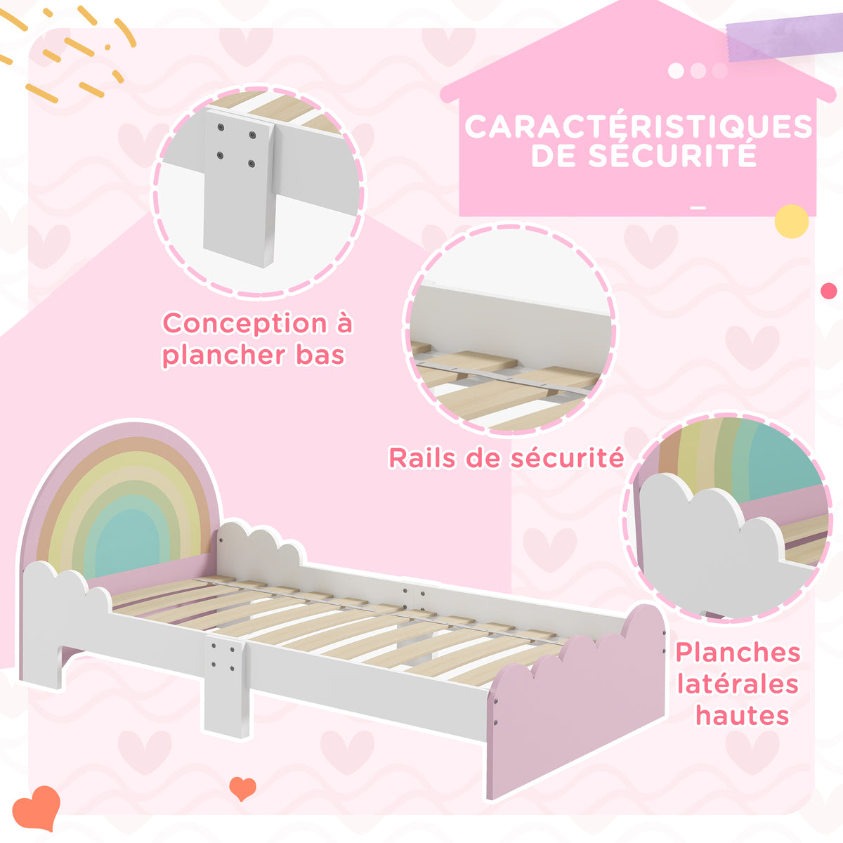 Lit pour enfants de 3 à 6 ans 143 x 74 x 66 cm design arc-en-ciel sommier à lattes inclus chambre moderne rose-4