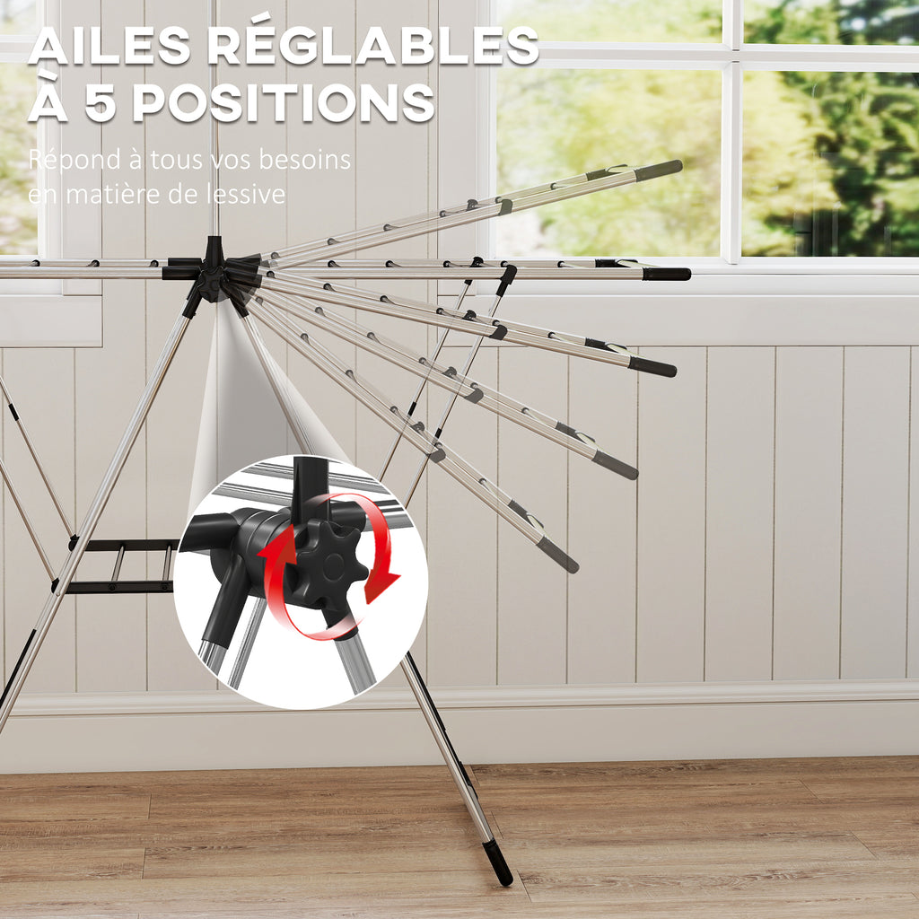 Séchoir à linge étendoir pliable, ailes réglables 5 niveaux, 4 supports à chaussures, acier inoxydable, argenté-4