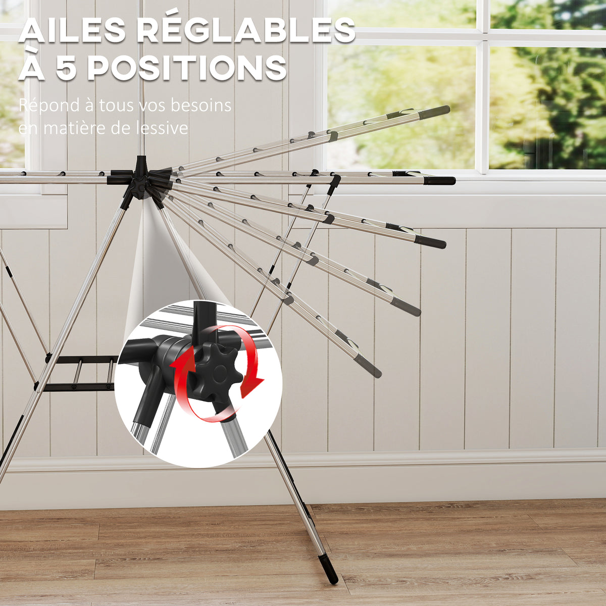 Séchoir à linge étendoir pliable, ailes réglables 5 niveaux, 4 supports à chaussures, acier inoxydable, argenté-4