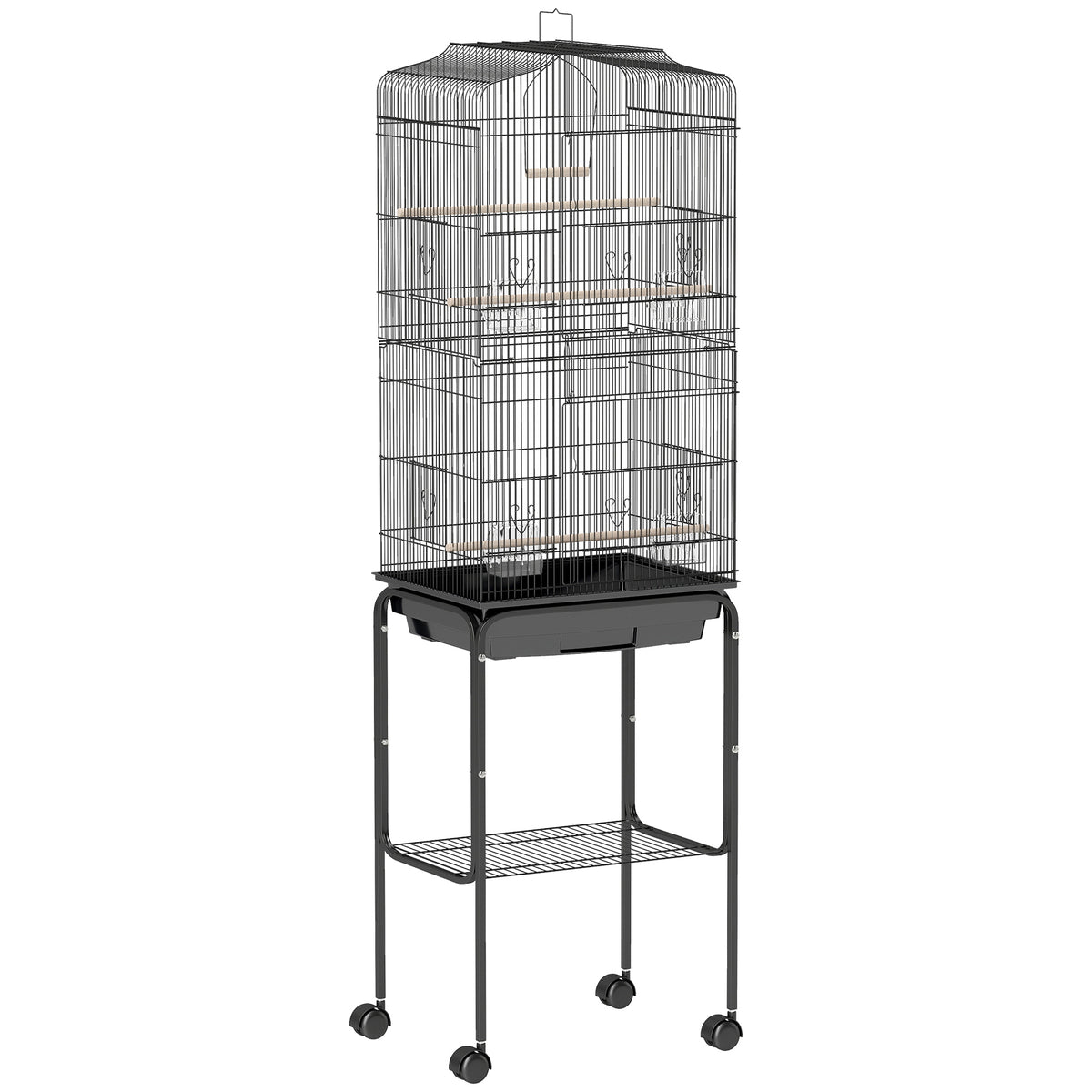 Cage à oiseaux sur pied volière oiseaux sur roulettes toit ouvrant 3 perchoirs étagère inférieure 46,5x36x157cm noir-0