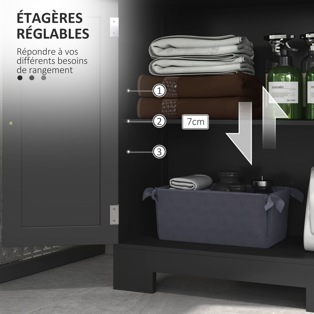 Meuble Bas de Salle de Bain Multi-rangements Grande Niche 2 tiroirs Placard Double Porte avec étagère Noir-4