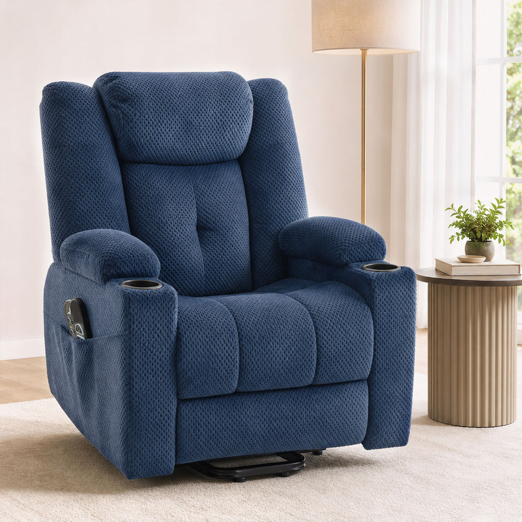 Fauteuil Releveur Électrique Massage Vibration et Chaleur, Fauteuil Relax Électrique en Velours, Dossier Inclinable Bleu-1