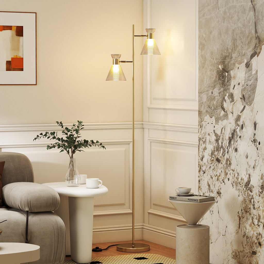Lampadaire sur pied salon à double tête réglable, lampe sur pied, abat-jour en verre floral, 42 x 25 x 165 cm, doré-9