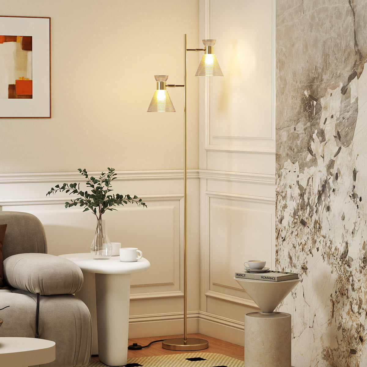 Lampadaire sur pied salon à double tête réglable, lampe sur pied, abat-jour en verre floral, 42 x 25 x 165 cm, doré-9
