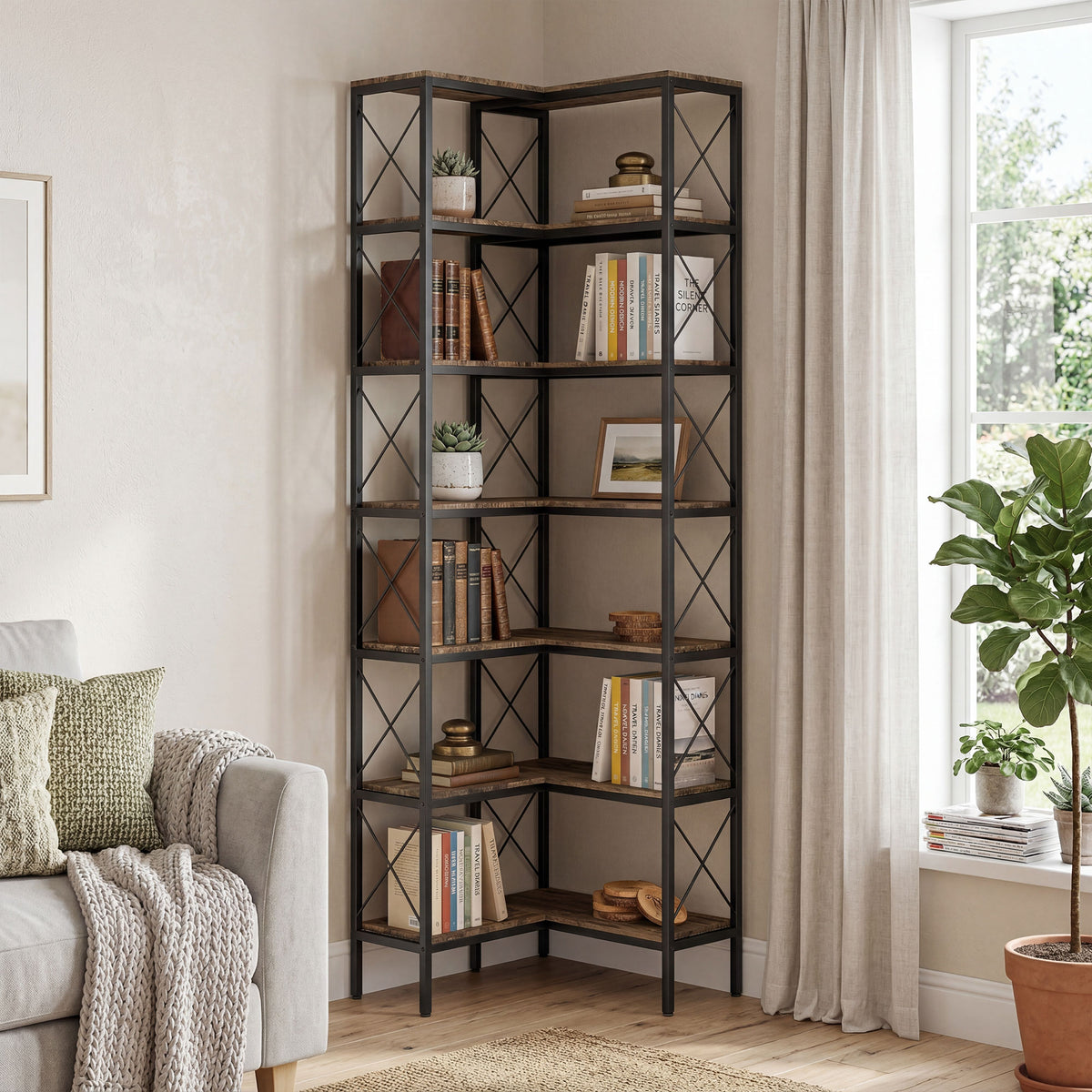 Bibliothèque d'angle à 6 niveaux, meuble de rangement en métal pour salon, chambre, bureau, 60x60x200cm, brun rustique-1