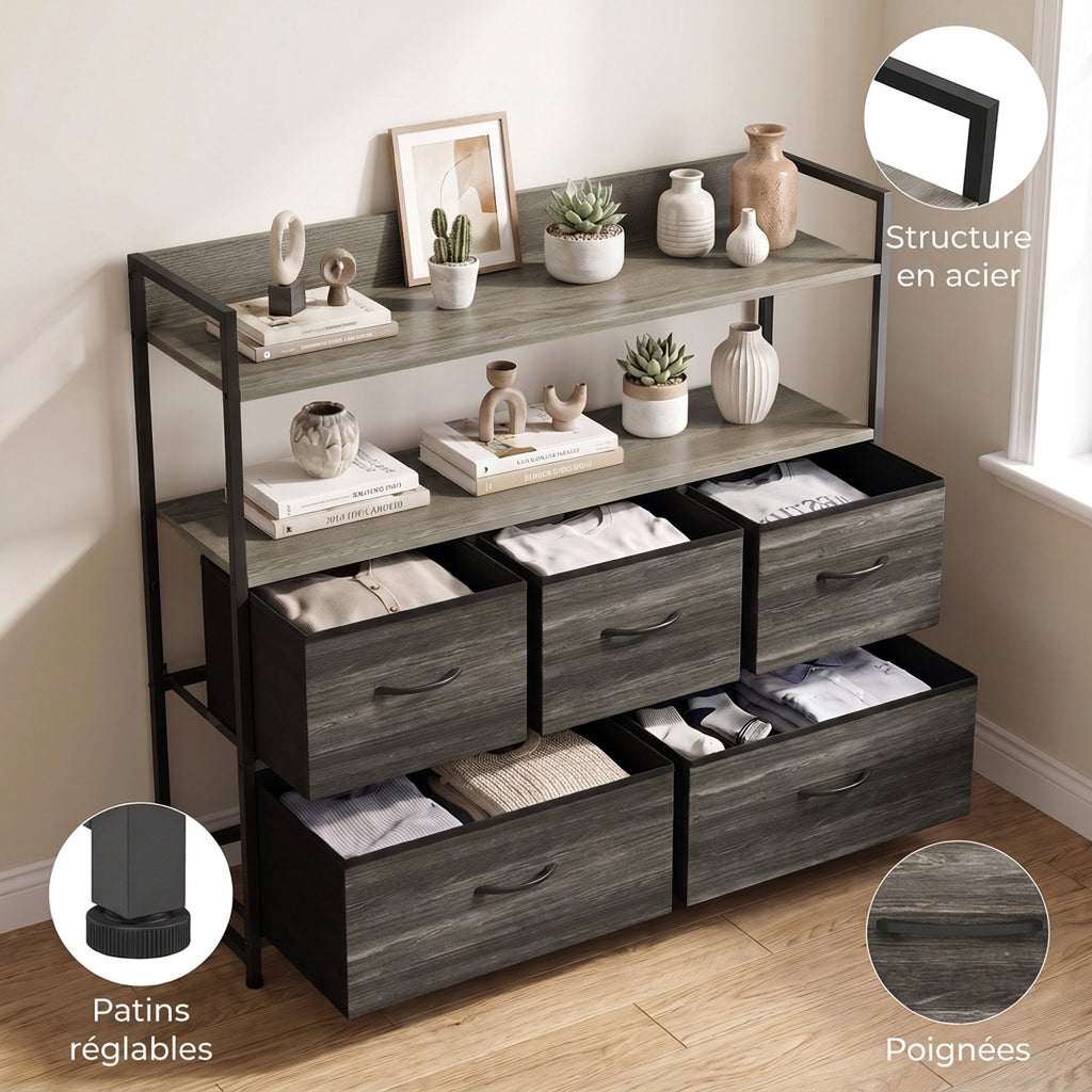 Commode 5 Tiroirs en Tissu Pliables, Meuble de Rangement avec Étagères Ouvertes, Plateau Supérieur, Gris-6