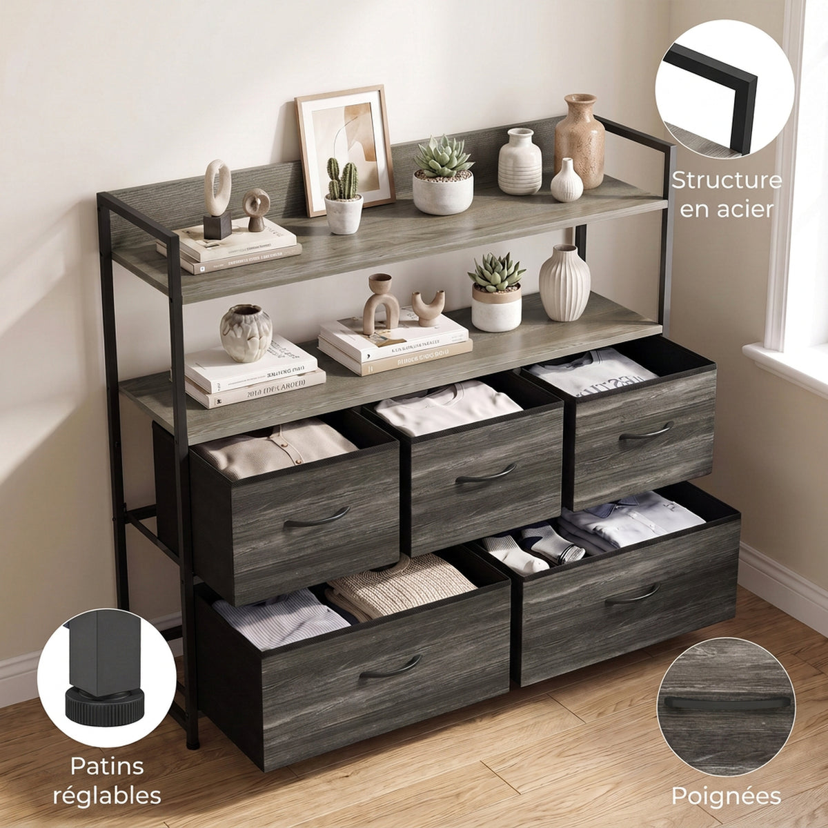 Commode 5 Tiroirs en Tissu Pliables, Meuble de Rangement avec Étagères Ouvertes, Plateau Supérieur, Gris-6