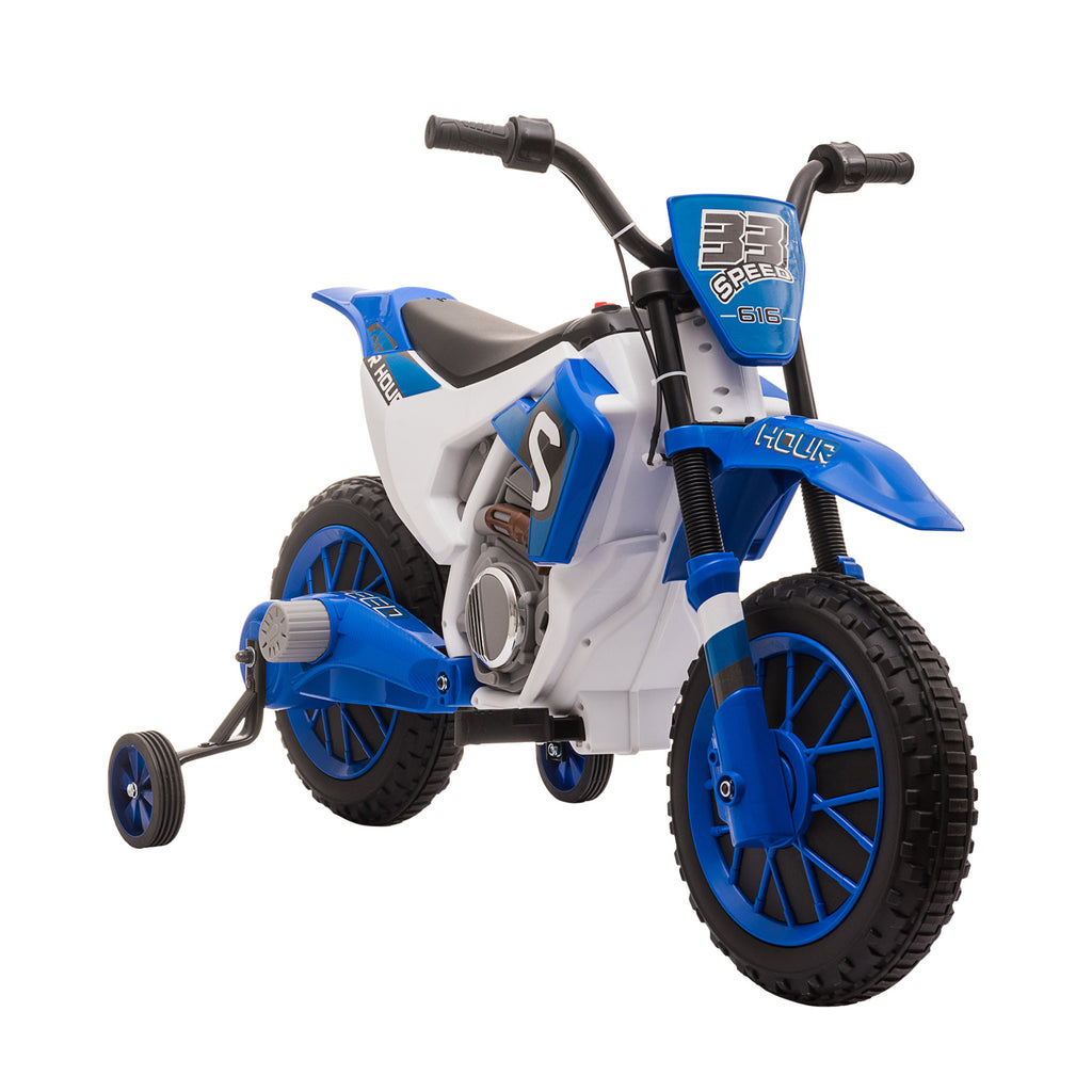 Moto Cross électrique Enfant 3 à 6 Ans 12 V 3-8 Km/h avec roulettes latérales Amovibles dim. 106,5L x 51,5l x 68H cm Bleu-0