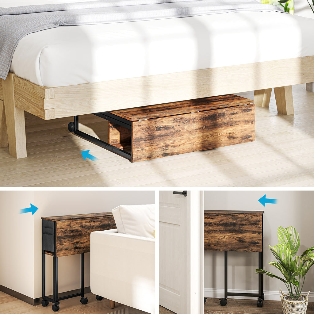 Bureau pliable sur roulettes 80 x 50 cm avec étagère et sac de rangement, brun rustique-7