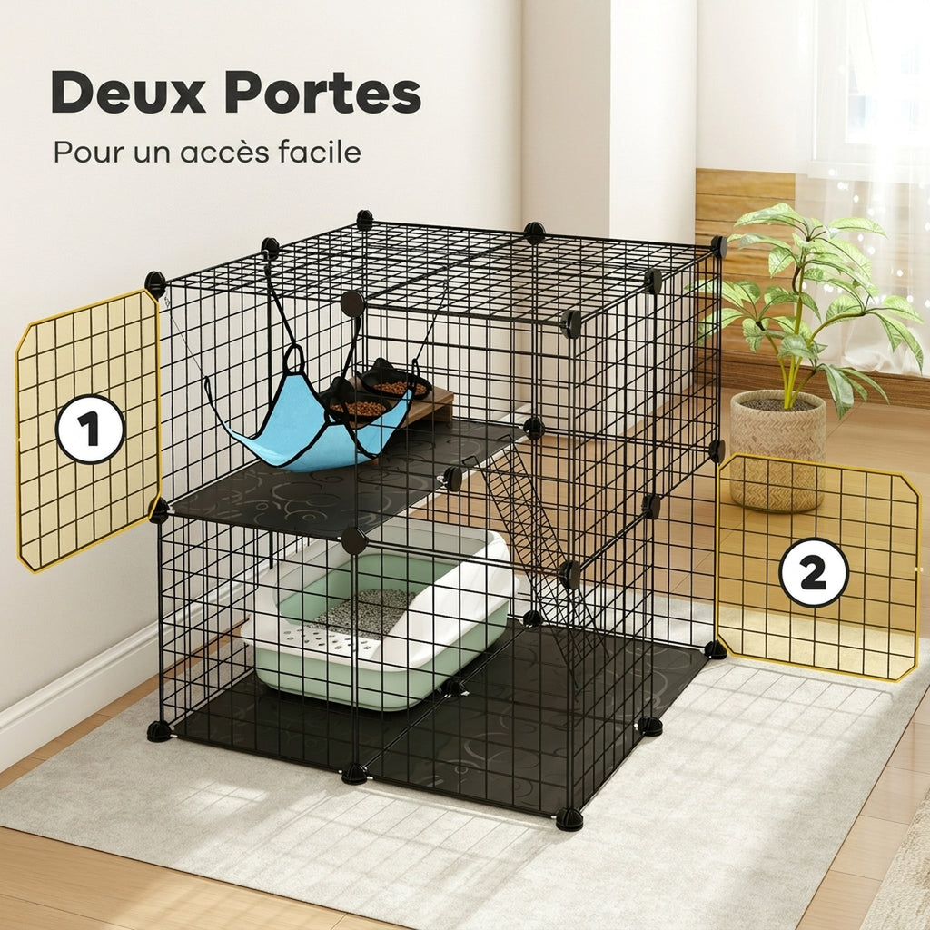Cage Chat Intérieur Enclos Chat Modulable 2 Portes Hamac Échelle pour Petits Animaux de Compagnie 70x70x70cm Noir-5