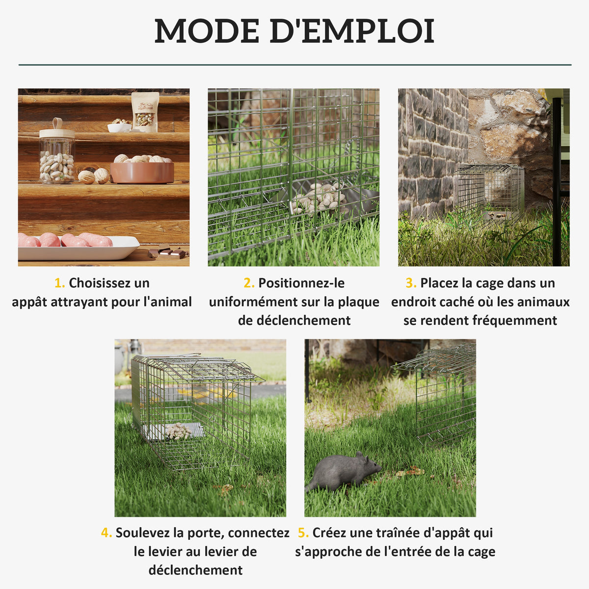 Piège cage de capture pliante pour petits animaux type rat et souris - 2 portes poignée 66 x 24 x 30,5 cm acier gris-4