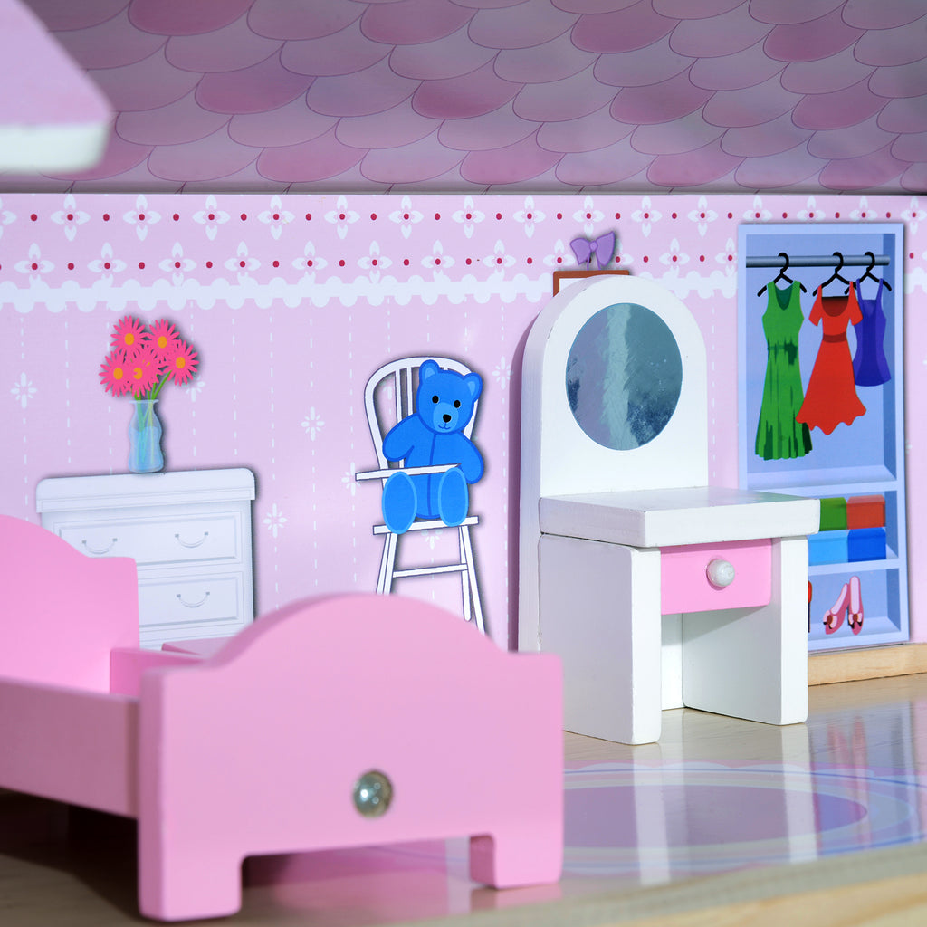 Maison de poupée en Bois Jeu d'imitation 4 Étages pour 3+ ans avec 13 Accessoires Grand réalisme Multi-équipement 60L x 30l x 80H cm Blanc et Rose-8