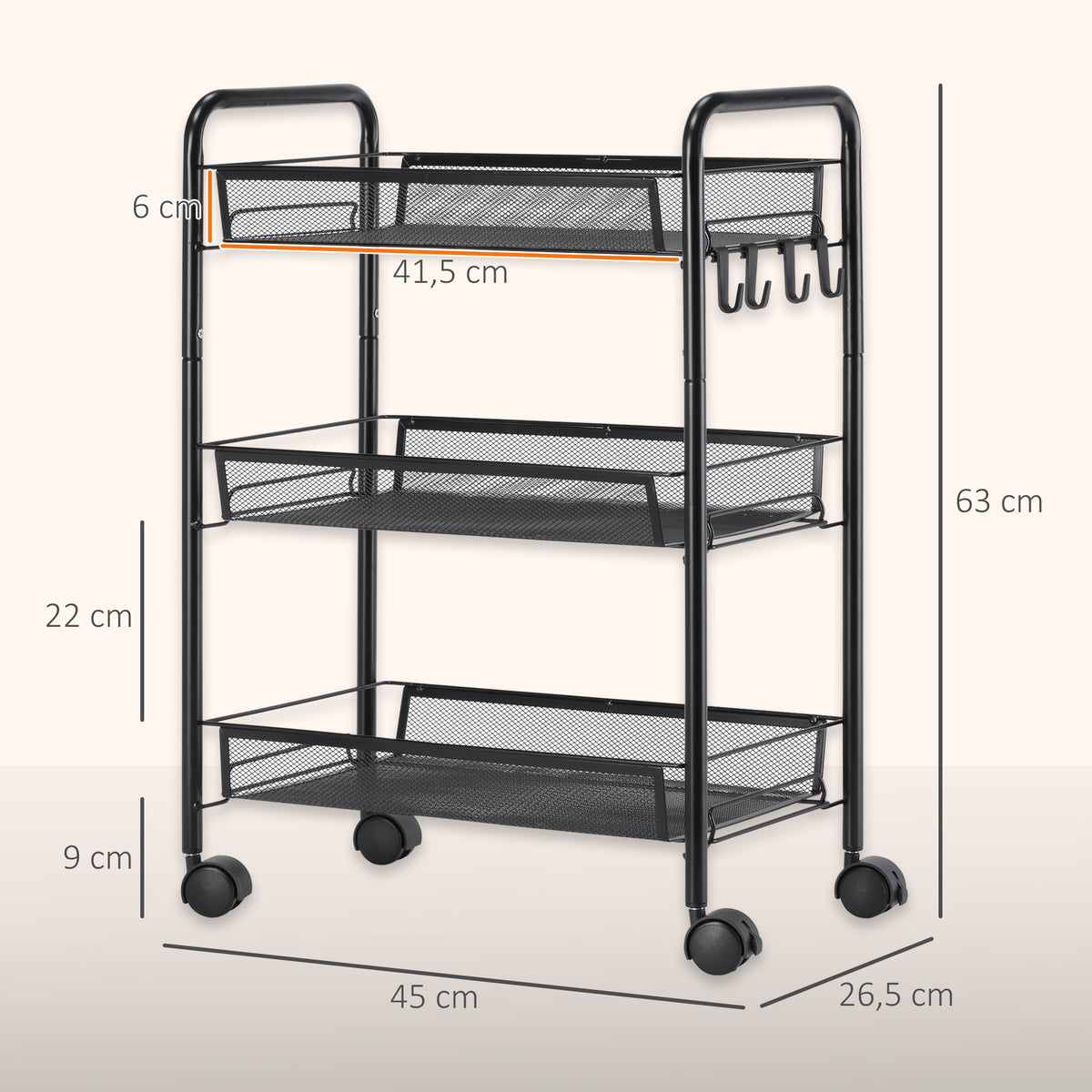 Chariot à 3 niveaux avec paniers desserte à roulettes chariot de rangement roulante 45 x 26,5 x 63 cm Noir-2