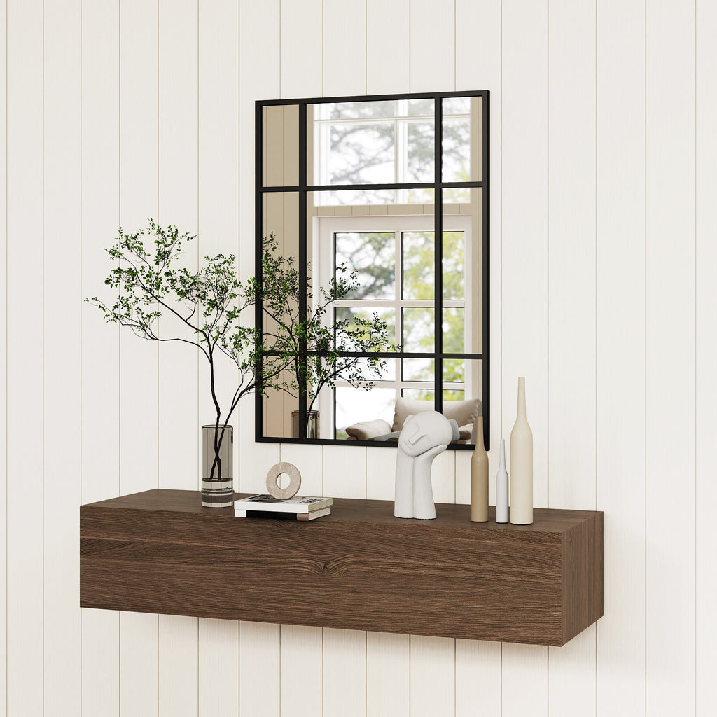 Miroir mural verrière rectangulaire style fenêtre, horizontal ou vertical avec 4 crochets, en métal noir - 50x70 cm-6
