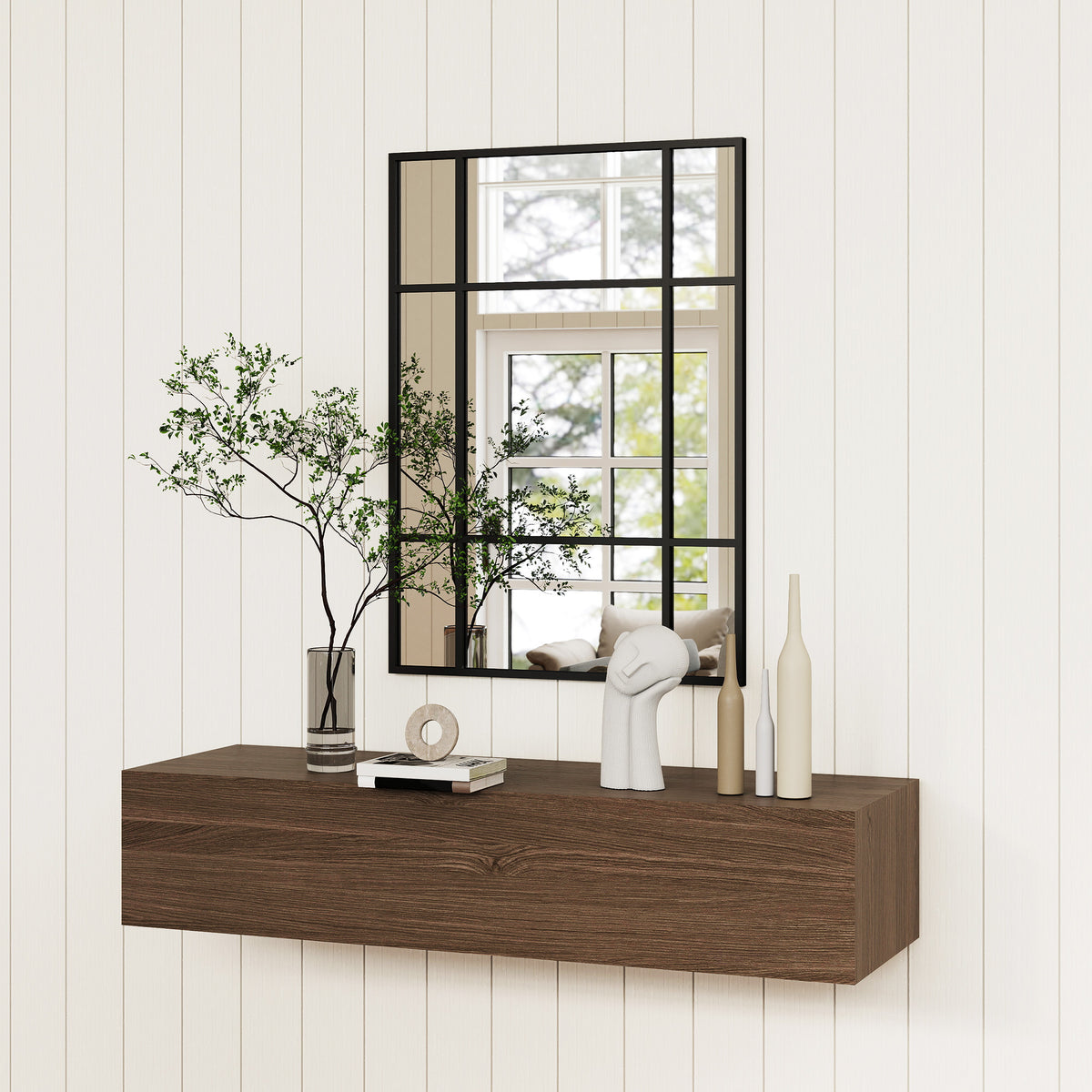 Miroir mural verrière rectangulaire style fenêtre, horizontal ou vertical avec 4 crochets, en métal noir - 50x70 cm-6