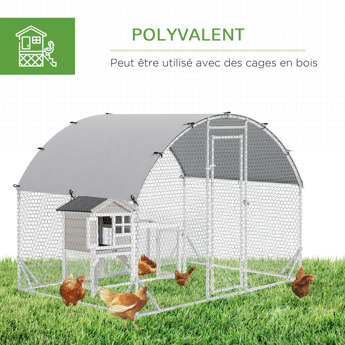 Grand enclos poulailler 5,32 ㎡ parc grillagé toit anti-UV porte verouillable 2,8 x 1,9 x 1,97 m argenté-4