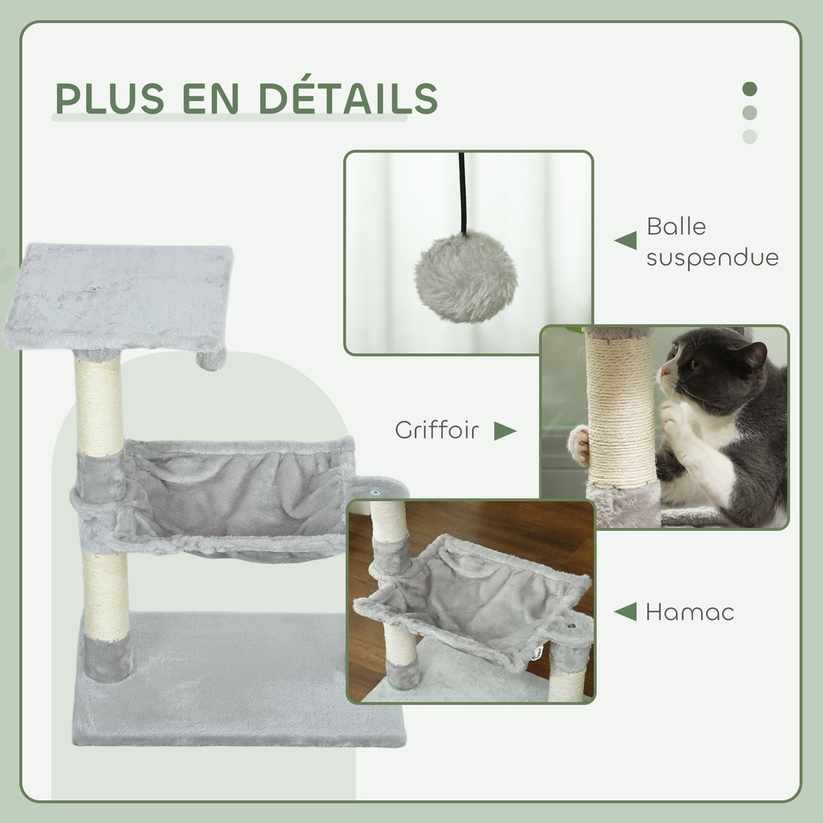 Arbre à chat 3 griffoirs grattoirs sisal naturel plateforme hamac et boule suspendue 50 x 26 x 70 cm peluche courte gris-4