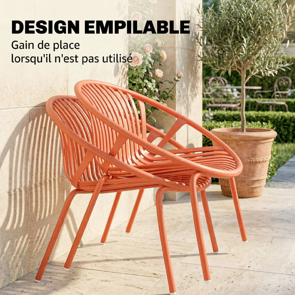 Salon de Jardin Ensemble Bistro 3 Pièces Table Basse à Plateau Concave Acier et Polypropylène 80x70x75cm Rouge Brique-5
