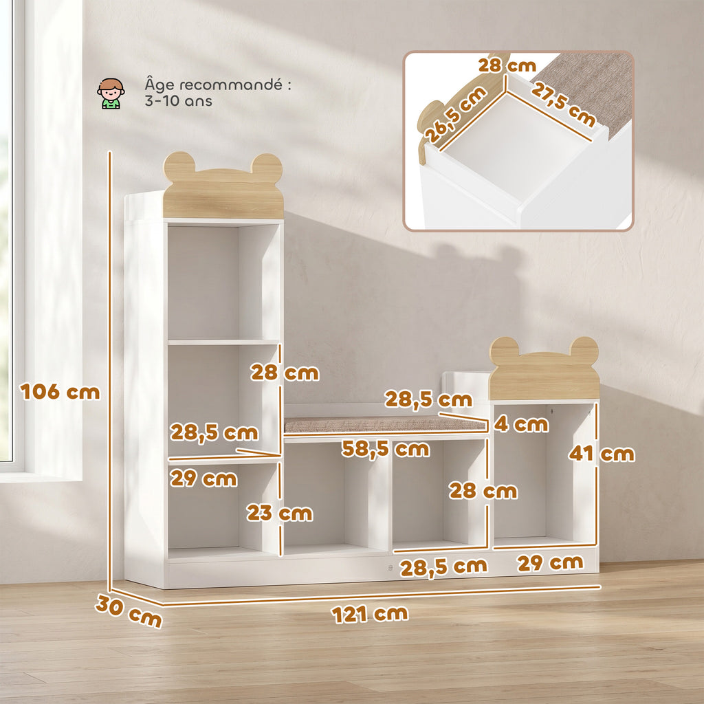 Bibliothèque Enfant, Meuble Rangement Enfant 3 en 1 avec Banc, 6 Compartiments, 2 Étagères, Coussin d'Assise, Blanc-2