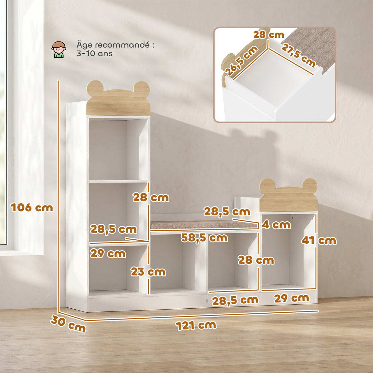 Bibliothèque Enfant, Meuble Rangement Enfant 3 en 1 avec Banc, 6 Compartiments, 2 Étagères, Coussin d'Assise, Blanc-2
