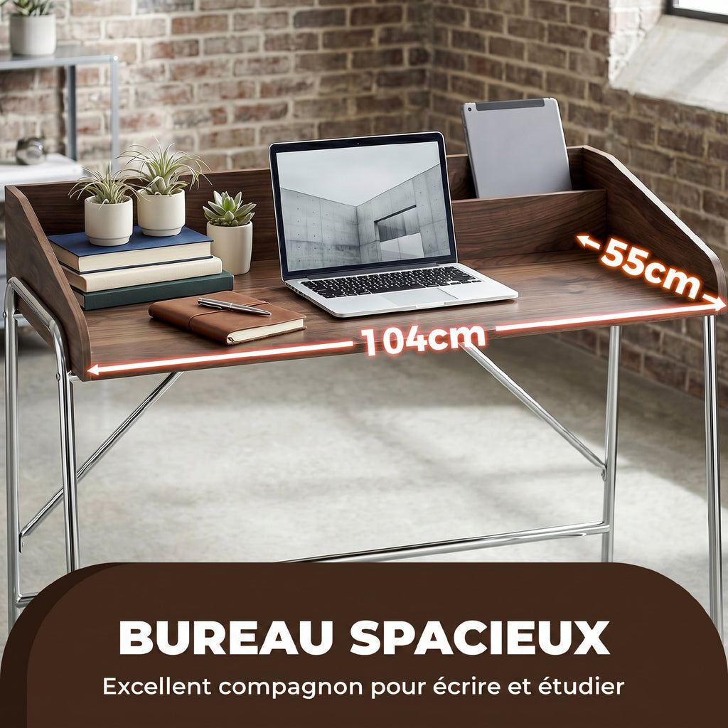 Bureau, bureau d'ordinateur 109 cm avec rebord de sécurité et structure en métal, noyer-3