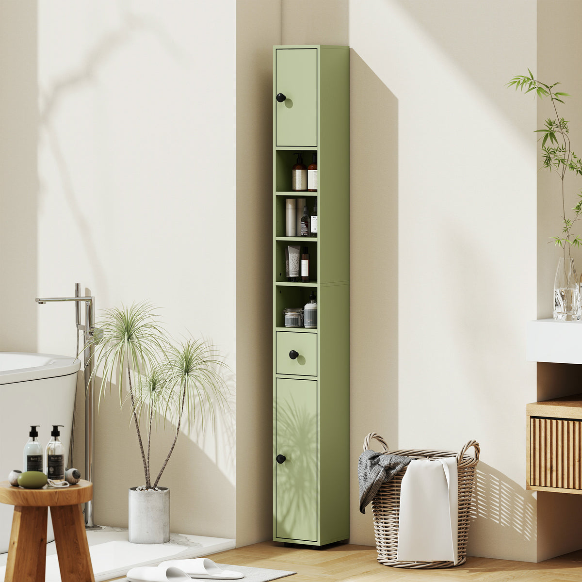 Colonne de rangement armoire haute pour salle de bain 1 tiroir 4 étagères réglables et 2 placards 20 x 20 x 180 cm vert-1