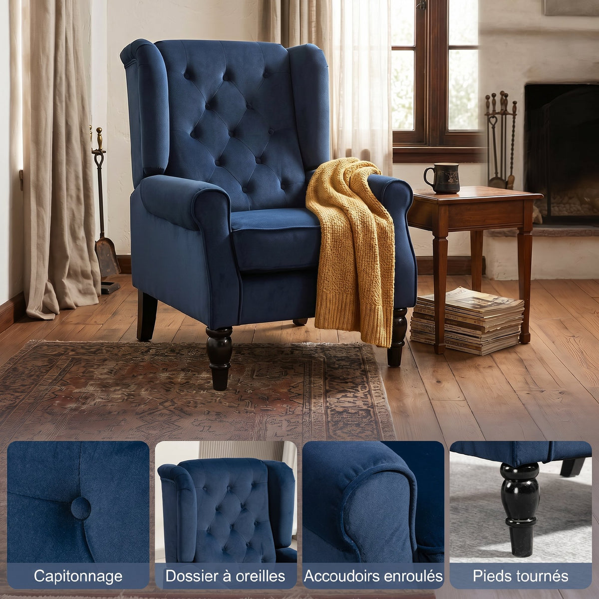 Fauteuil de salon capitonné avec assise large, pieds en bois, style classique, grand confort, 74x86x102cm, bleu foncé-3