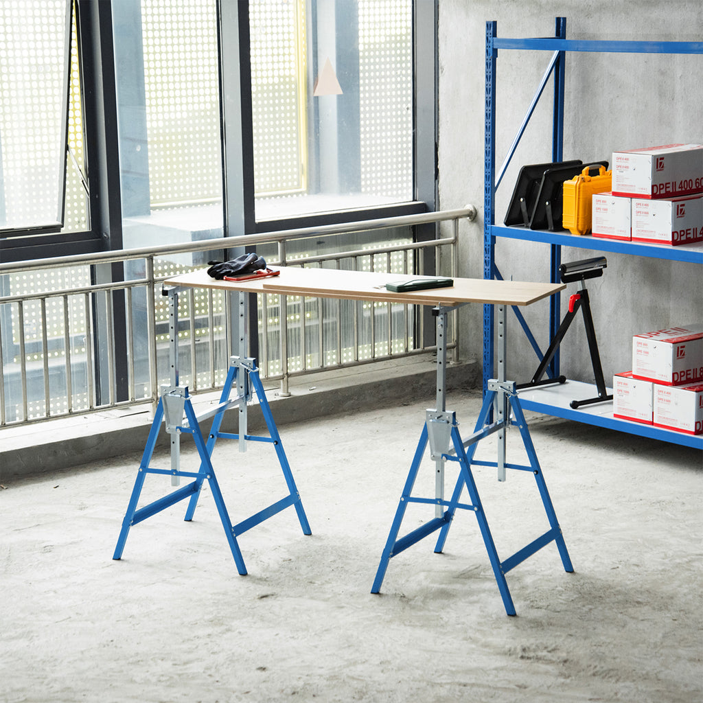Lot de 2 Tréteaux Pliables Télescopiques Hauteur Réglable 80-130 cm Acier Bleu-9