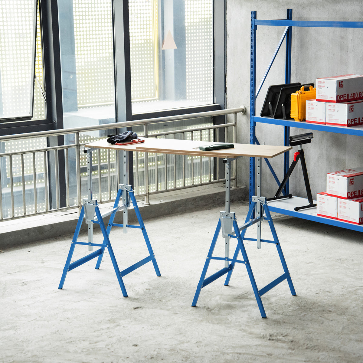 Lot de 2 Tréteaux Pliables Télescopiques Hauteur Réglable 80-130 cm Acier Bleu-9