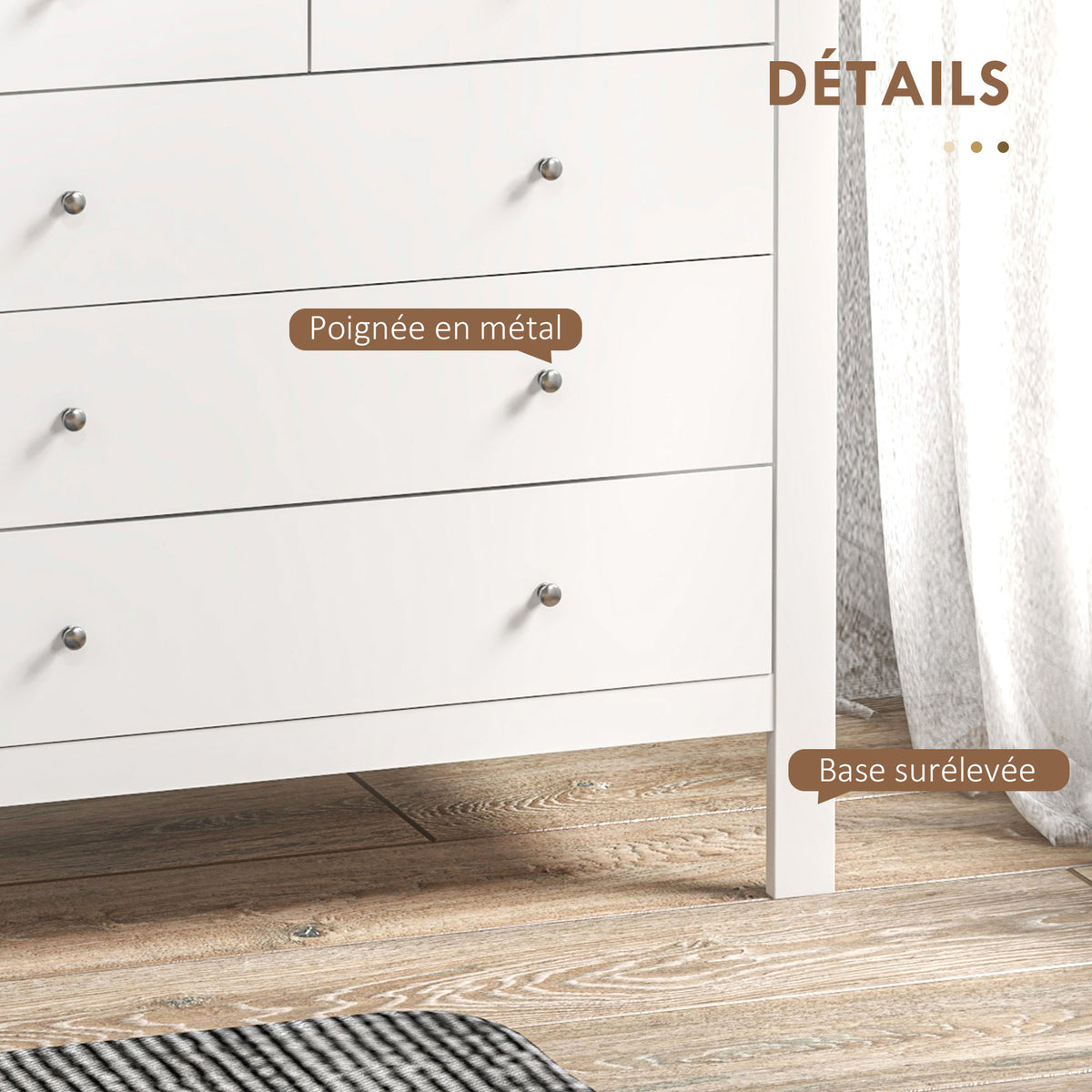 Commode à 5 tiroirs, meuble de rangement, avec poignées, glissières métalliques,  en bois, 79l x 39,5P x 80,5H cm, blanc-4