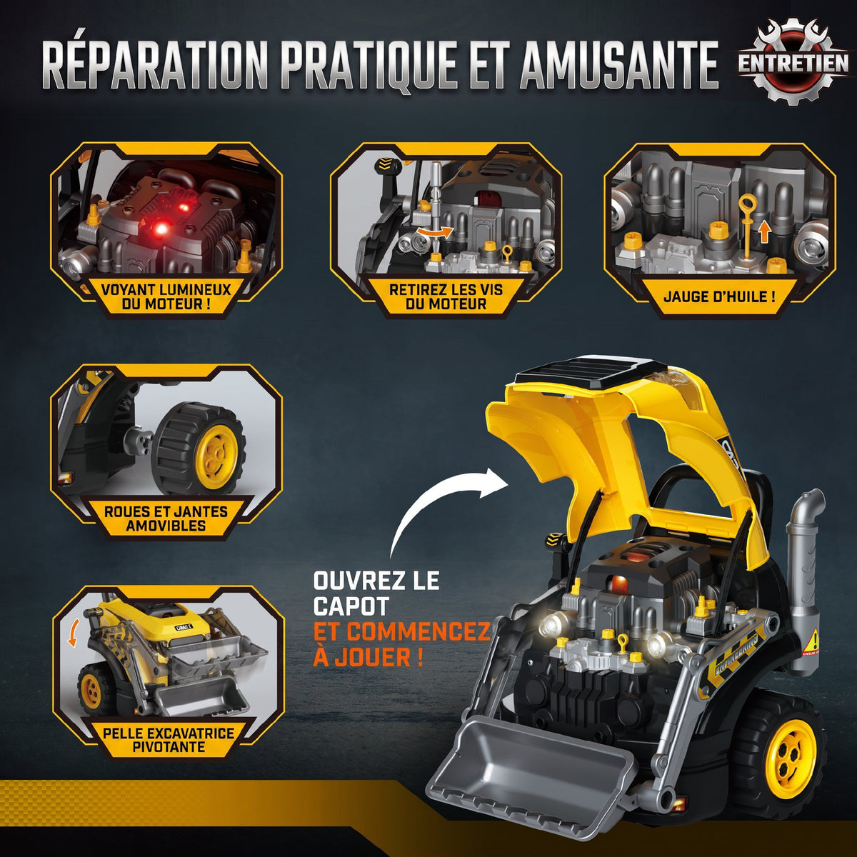 Jouet Moteur de Camion et Pelle pour Enfants, Camion Mécano, Volant, Effet de Brume, Sonores et Lumineux, 3-6 Ans, Jaune-3