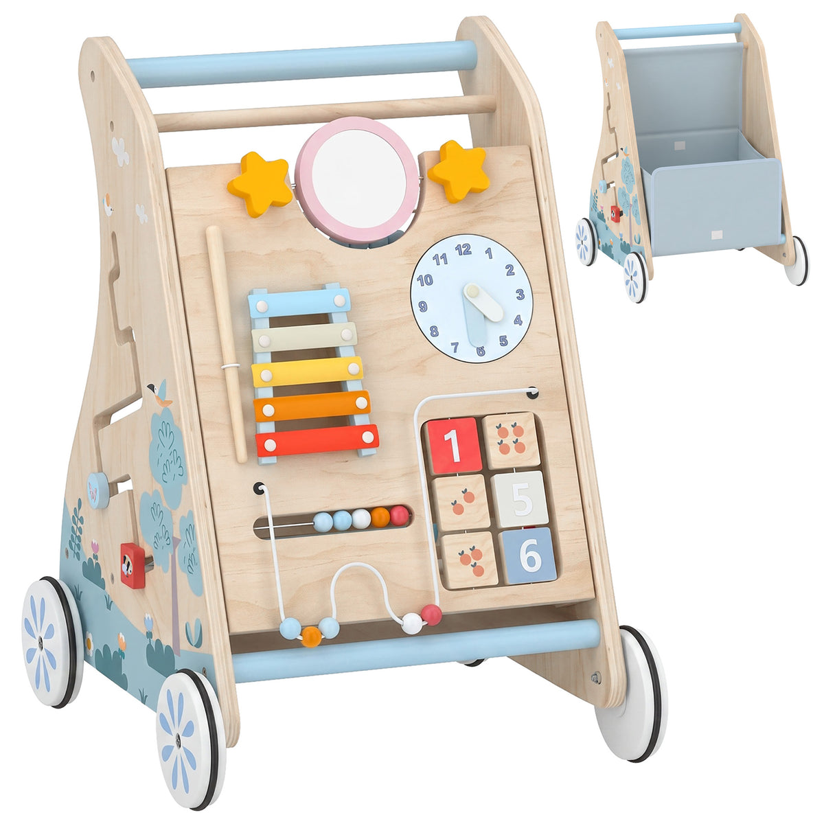 Trotteur Bebe en Bois, Chariot de Marche Bébé, Centre d'Activités Double Face Amovible, Espace de Rangement, Naturel-0