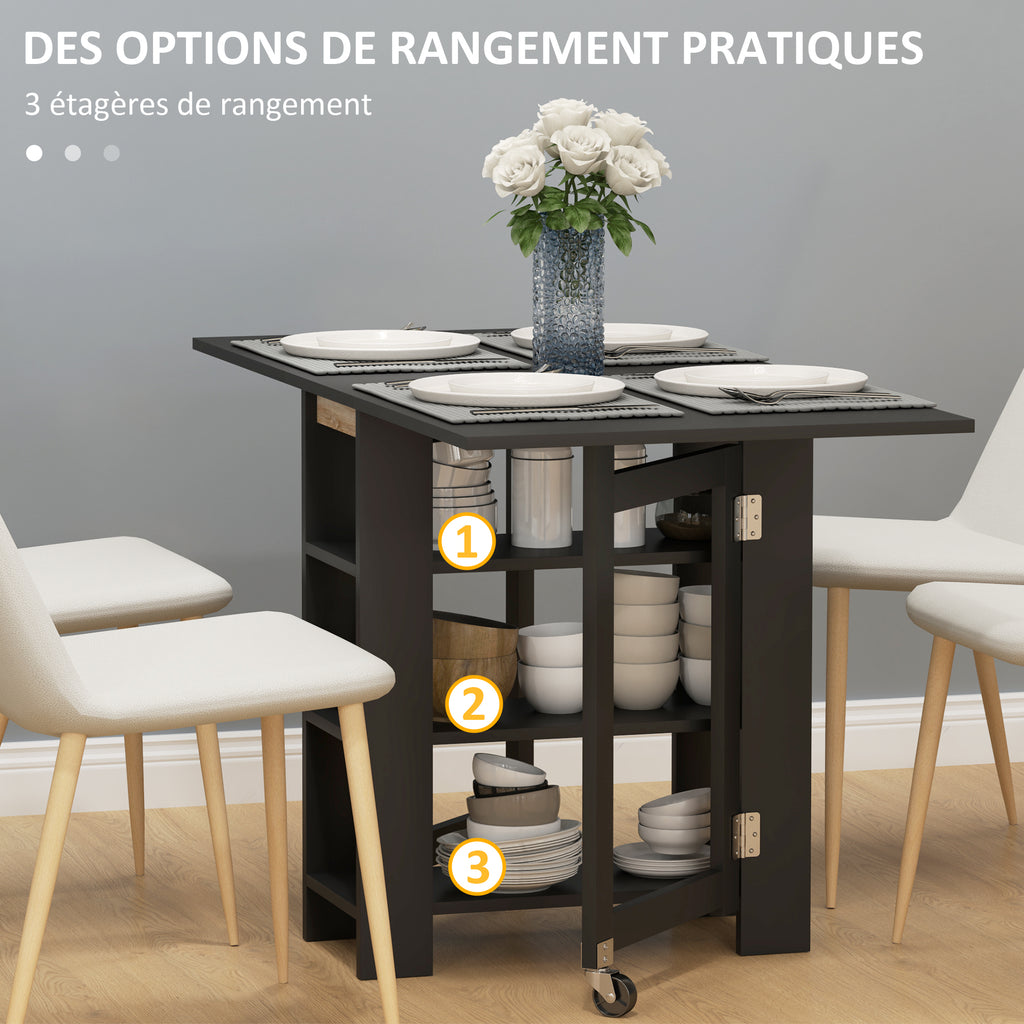 Table à Manger Pliante sur Roulettes, Table de Cuisine pour 2 à 4 Personnes avec Étagères de Rangement, Noir-3