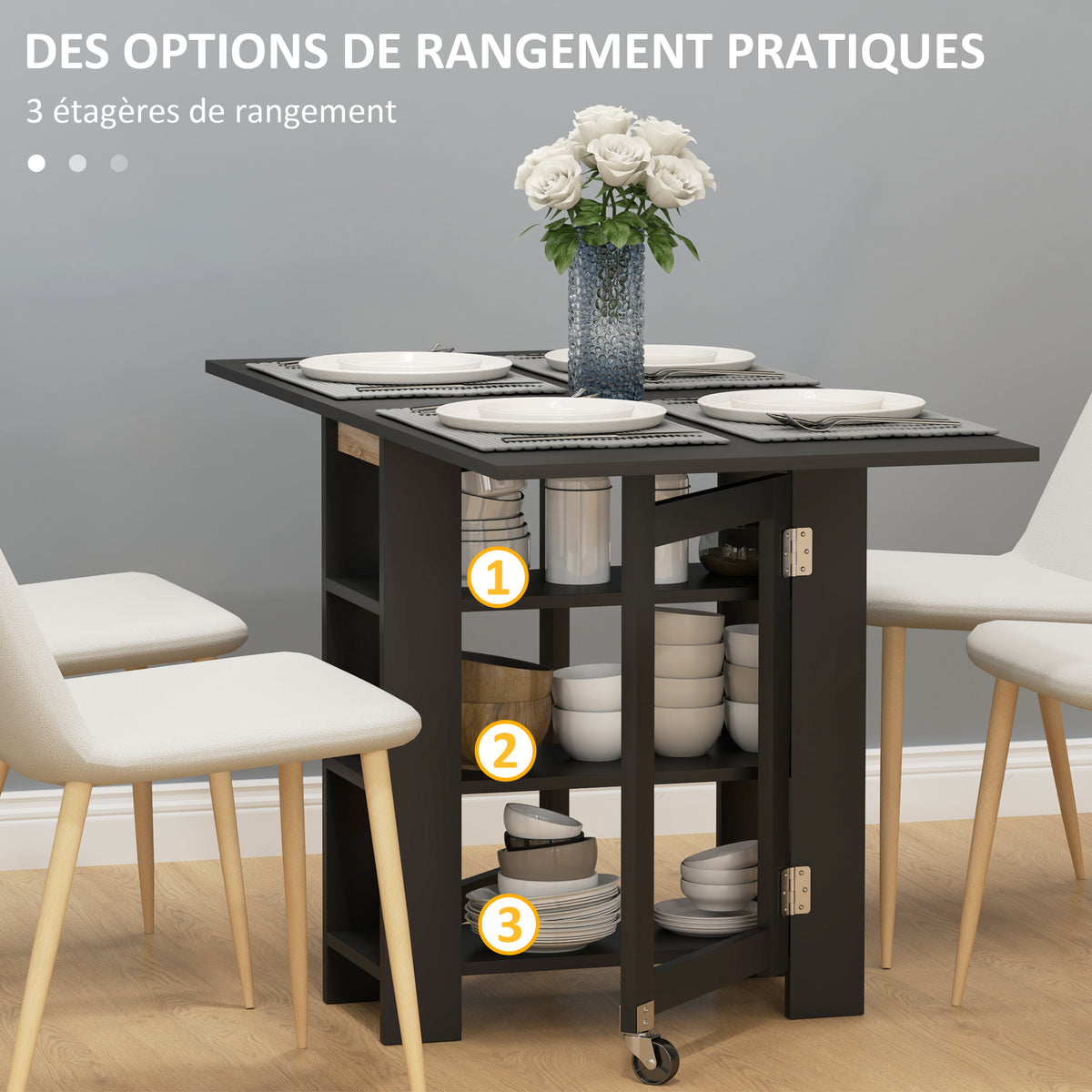 Table à Manger Pliante sur Roulettes, Table de Cuisine pour 2 à 4 Personnes avec Étagères de Rangement, Noir-3