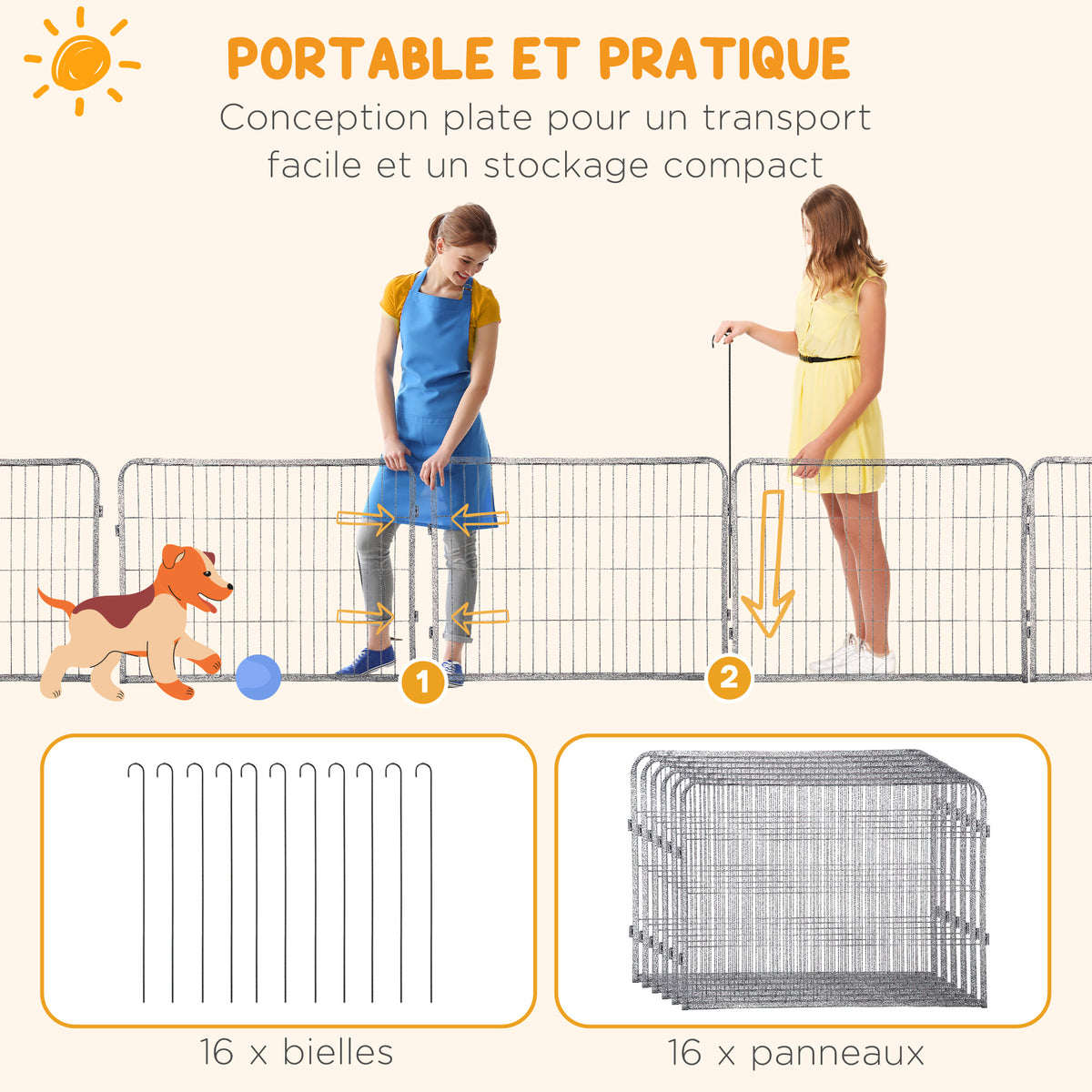 Parc pour chien, enclos chien 16 panneaux modulable et pliable, portable en acier avec portes 80 x 60 gris-5