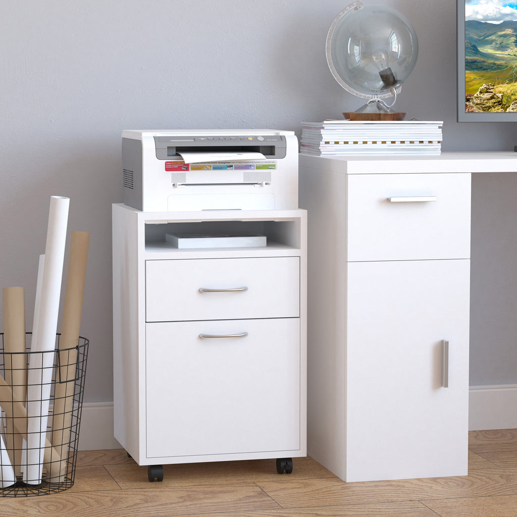 Caisson de bureau rangement bureau sur roulettes tiroir placard niche panneaux particules blanc-7