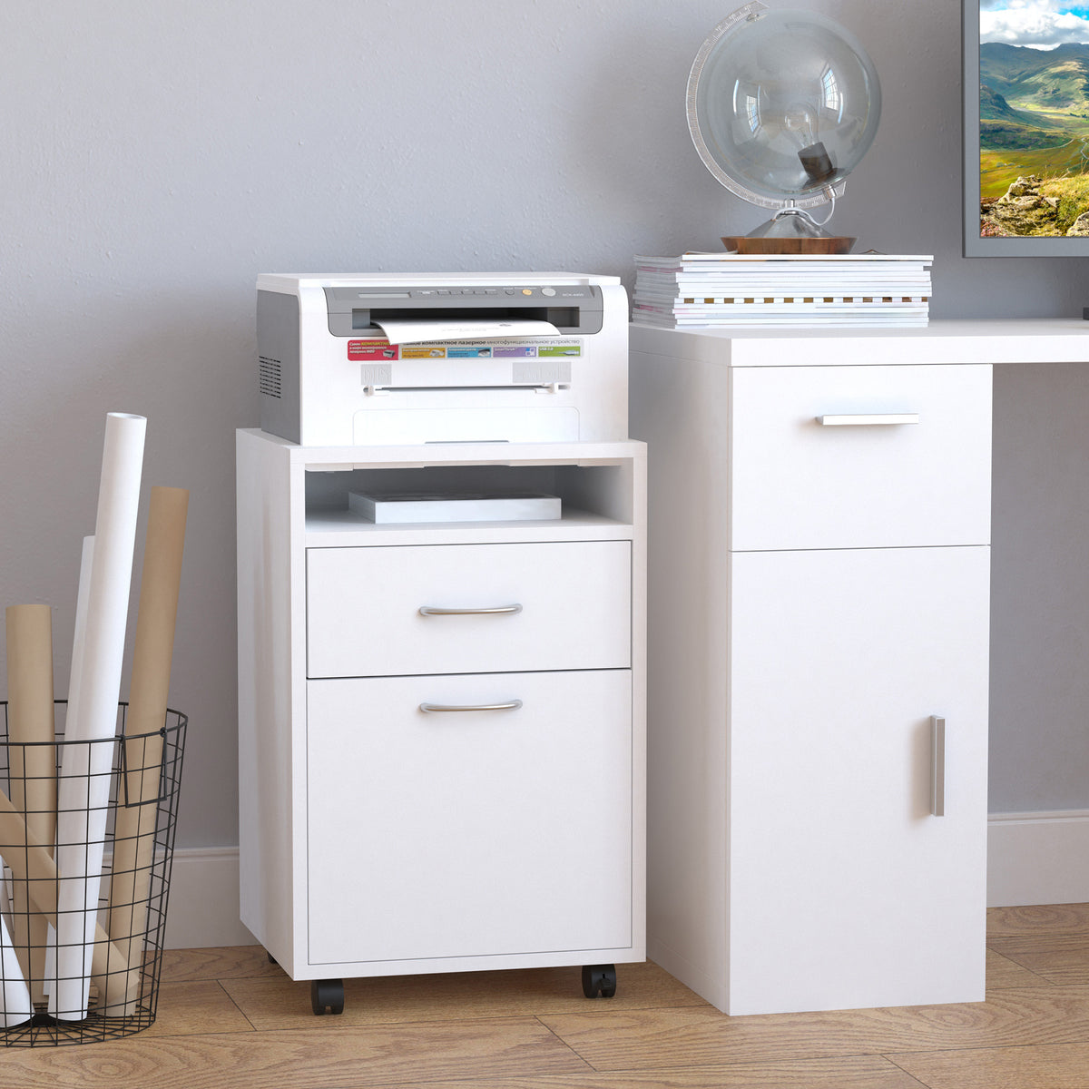 Caisson de bureau rangement bureau sur roulettes tiroir placard niche panneaux particules blanc-7
