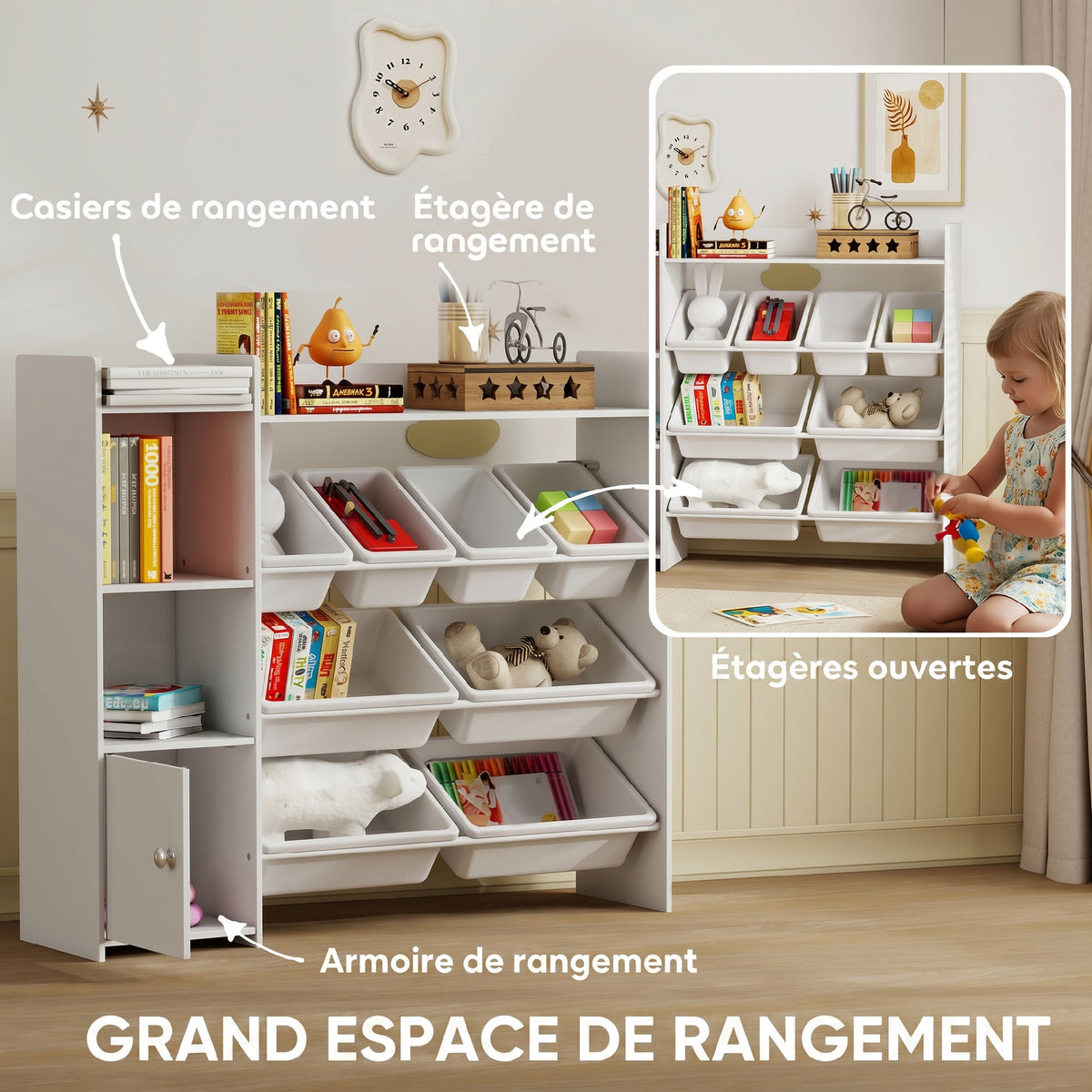 Meuble rangement enfant 3 à 8 ans, rangement jouets enfant avec 8 bacs amovibles, étagères de rangement, placard, blanc-3