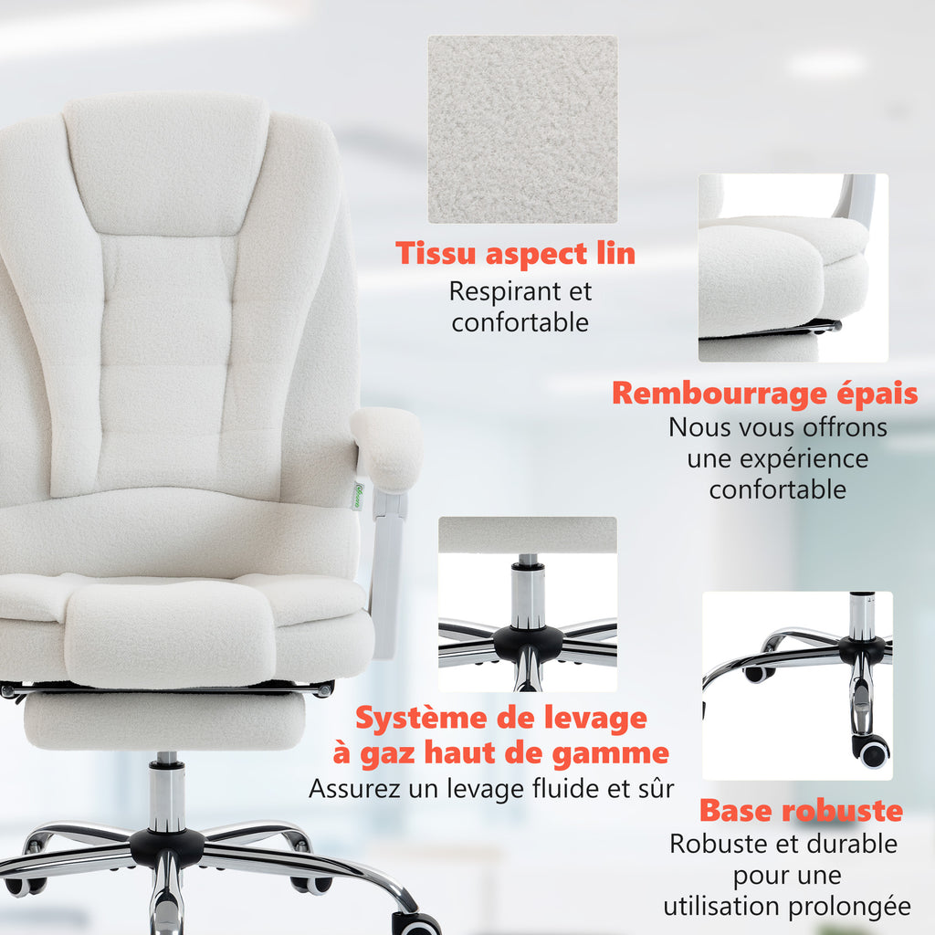 Fauteuil de bureau direction massant chauffant hauteur réglable dossier inclinable toile de lin blanc-7
