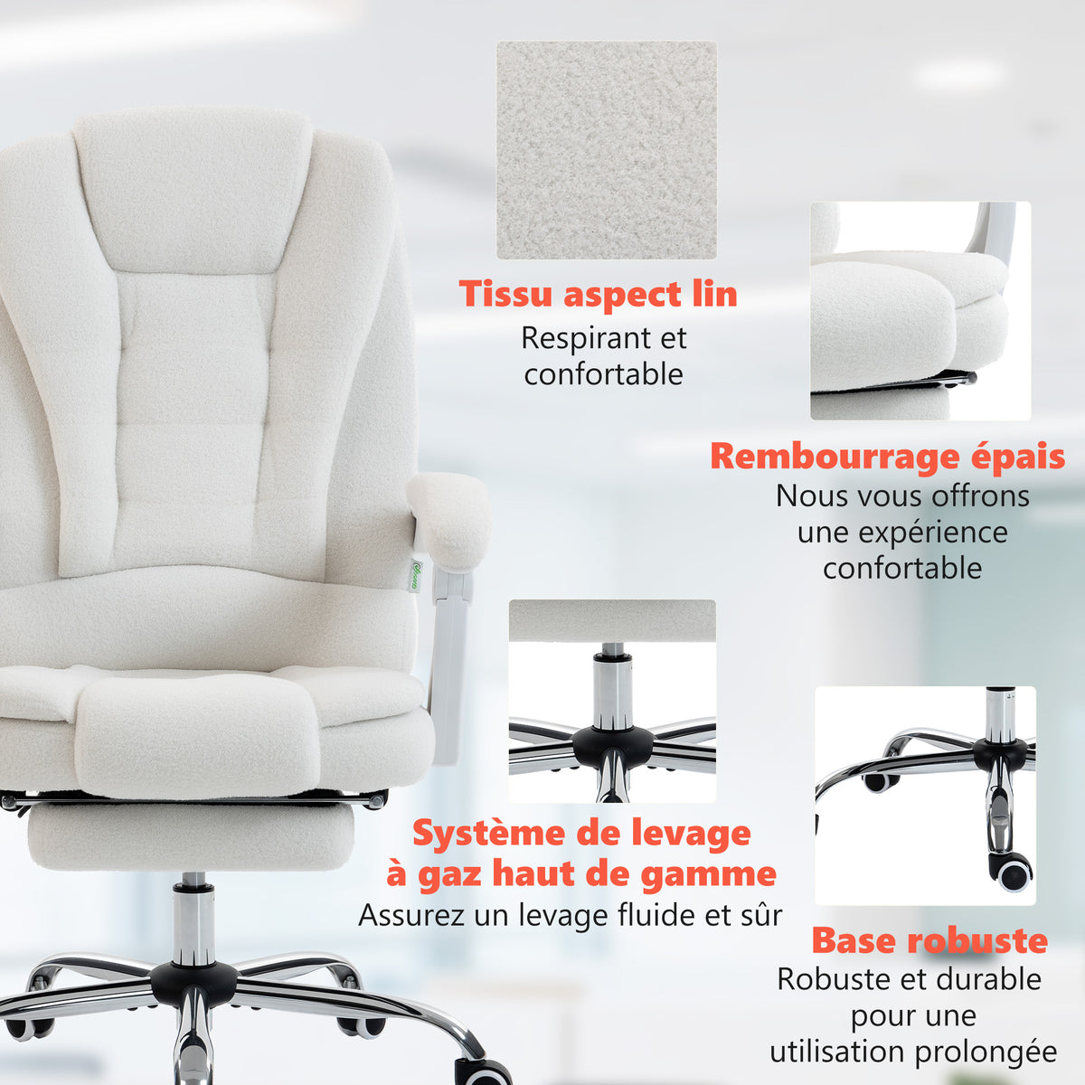 Fauteuil de bureau direction massant chauffant hauteur réglable dossier inclinable toile de lin blanc-7