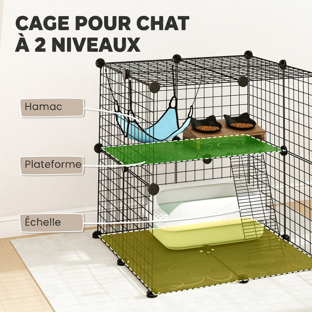 Cage Chat Intérieur Enclos Chat Modulable 2 Portes Hamac Échelle pour Petits Animaux de Compagnie 70x70x70cm Noir-4