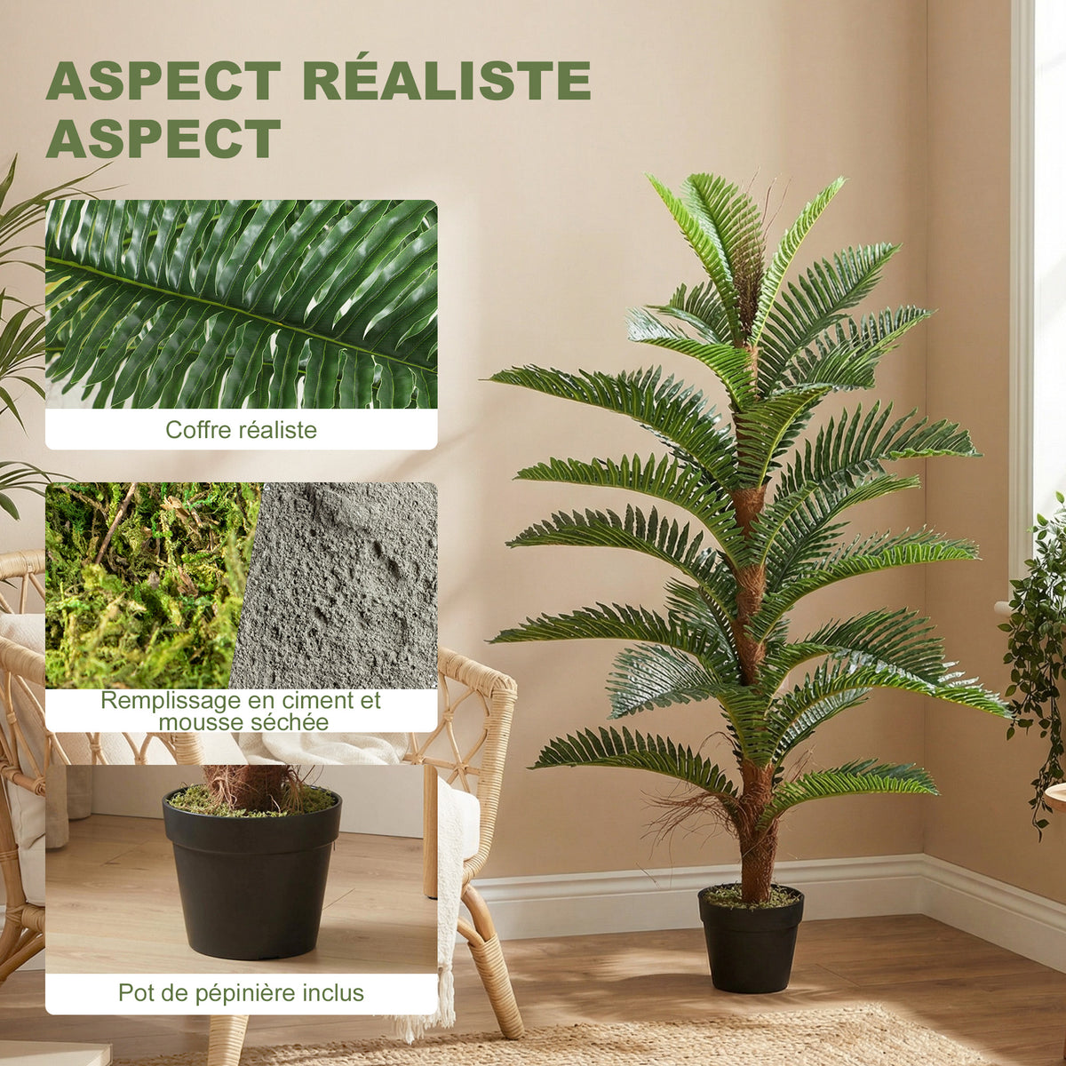 Palmier Artificiel palmier 120 cm avec 24 Feuilles en PEVA, Plante Décorative avec Pot en Plastique, Vert-3