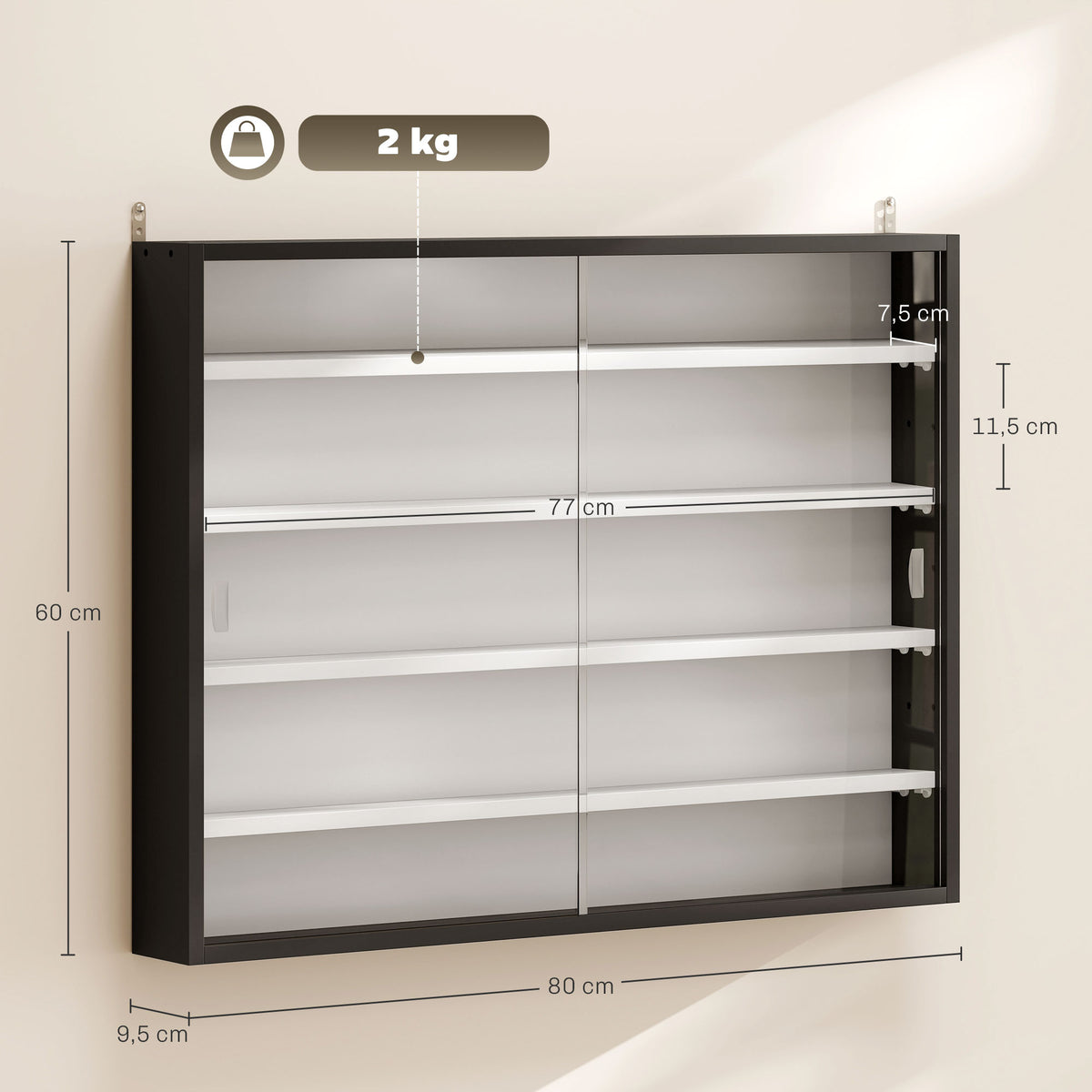 Vitrine murale pour objets de collection 4 étagère réglables en hauteur et 2 portes coulissantes 80 x 9,5 x 60 cm noir-2