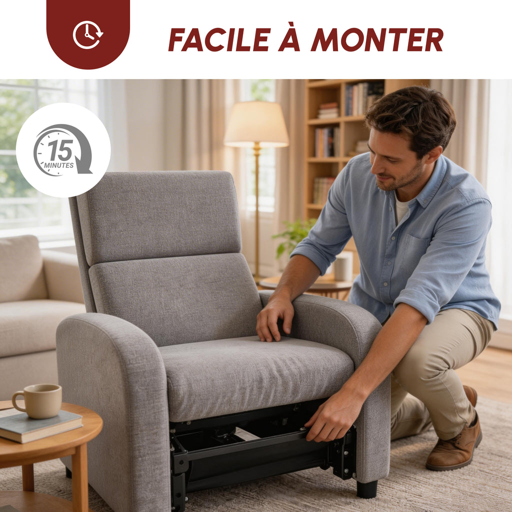Fauteuil relax inclinable jusqu'à 160° manuellement avec repose-pieds intégré, charge max. 120kg, grand confort, gris-6
