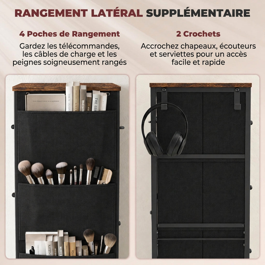 Commode 5 Tiroirs en Tissu Pliables, Commode Chambre Adulte avec Poches Latérales et 2 Crochets, Brun Rustique-4
