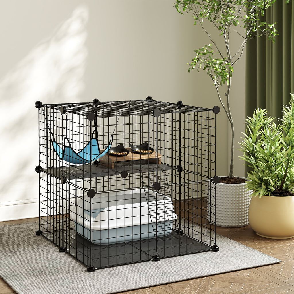 Cage Chat Intérieur Enclos Chat Modulable 2 Portes Hamac Échelle pour Petits Animaux de Compagnie 70x70x70cm Noir-1